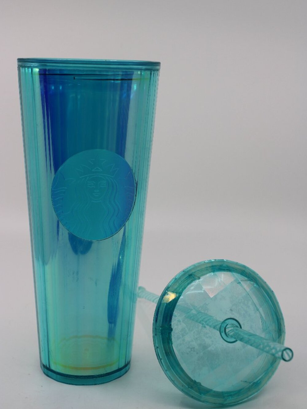 Starbucks Tumbler NWOT w Straw Metallic Aquamarine Geometric Cup Tumbler 24 Oz.
